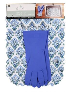 🌸 New Spruce Lane Floral Kitchen Sink Mat and Kitchen Hand Gloves, Blue